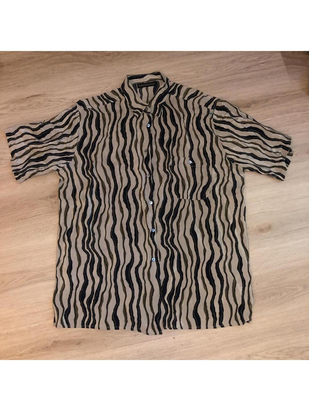 PANCALDI & B VINTAGE TIGER STRIPE PRINT SHIRT SILK TAN BLACK GREEN MENS SIZE XXL
